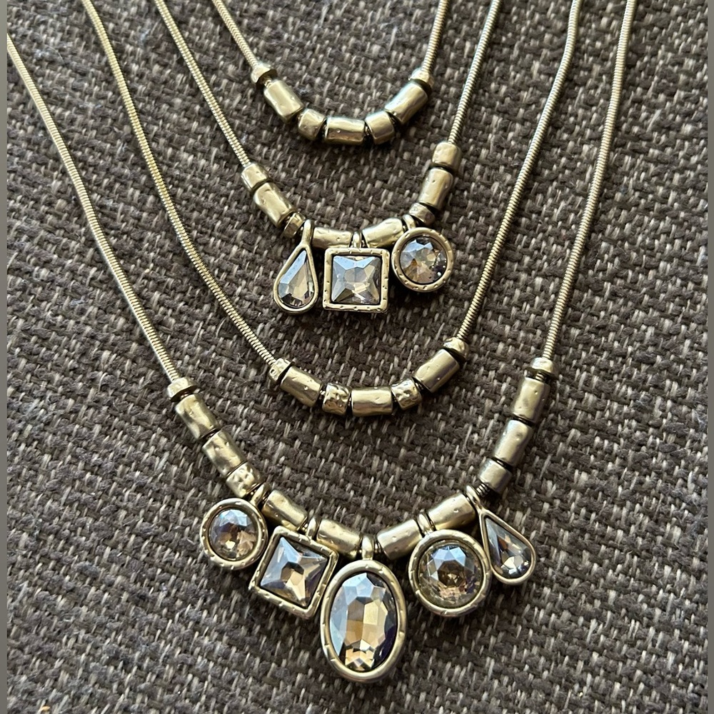CHICO’S Long, Gold Tone, 4 Strand, Champagne Crystal Necklace